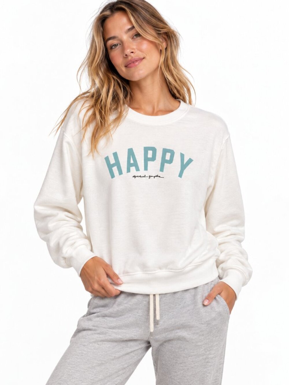 Spiritual Gangster HAPPY Savasana Crewneck Sweatshirt Ivory Blue Yoga XS